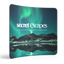Load image into Gallery viewer, Evolve Curved Fabric Pop Up - 2.5m - Frame & Graphics Only - with Secret Escapes branding