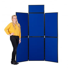 Load image into Gallery viewer, DisplayPro 6 Panel Display Board - Black Frame - Royal Blue Fabric with Person Stood Next To Board
