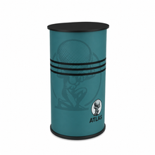 Load image into Gallery viewer, Circular Plinth upright displaying an image of a man holding the world. The graphic is blue and black.
